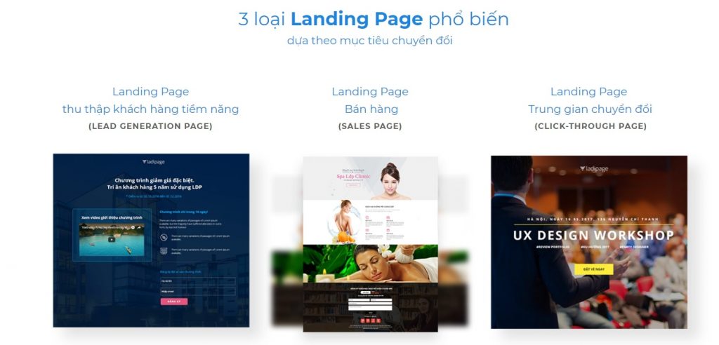 Landing page có 3 loại chủ yếu