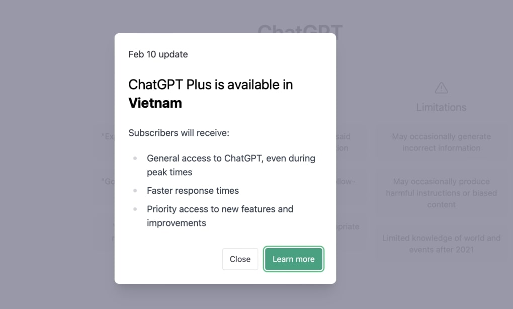 ChatGPT Plus có thể sử dụng tại Việt Nam