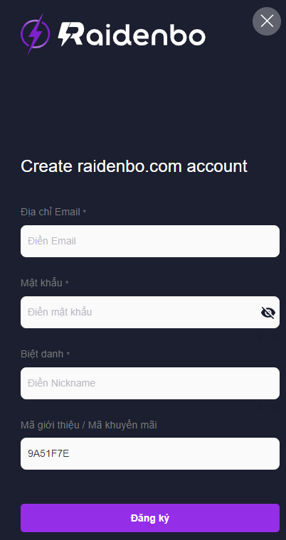 Hướng dẫn đăng ký sàn RaidenBO